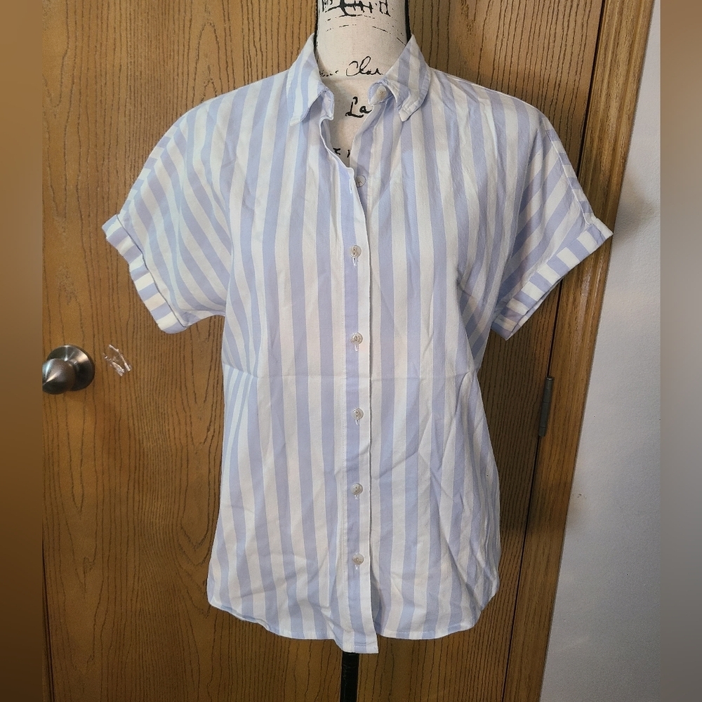 Universal Thread Nautical Preppy Striped Button Up Short Sleeved Shirt - Picture 2 of 4